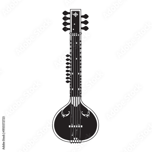 Monochrome illustration of a traditional Indian tanpura instrument.