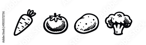Hand drawn line art icons of common root vegetables, fruits, and florets including carrot, tomato, potato, and broccoli.
