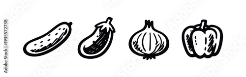 Hand drawn line art icons of fresh vegetables including cucumber, eggplant, onion, and bell pepper.