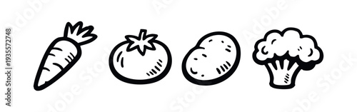 Hand drawn line art icons of common root vegetables, fruits, and florets including carrot, tomato, potato, and broccoli.