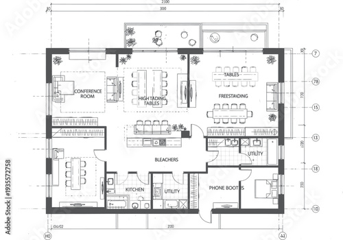 Architectural floor plan of a modern office space with conference room, kitchen, and seating areas, blueprint design