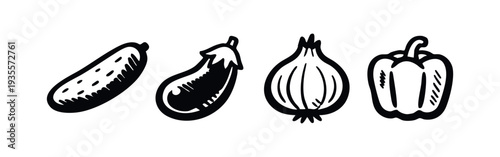 Hand drawn line art icons of fresh vegetables including cucumber, eggplant, onion, and bell pepper.