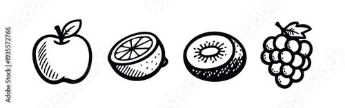 Hand drawn line art icons of fresh fruits including apple, lemon, kiwi, and grapes.