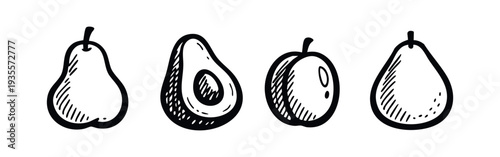 Hand drawn line art icons of various fresh fruits including pear, avocado, and plum.