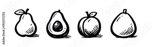 Sketchy Fruit Icon Collection Featuring Pear, Avocado, Plum, and Quince in Black and White.