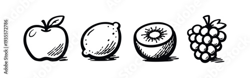 Hand-drawn Fruit Icons Set with Apple, Lemon, Kiwi, and Grapes in Monochrome Sketch Style.