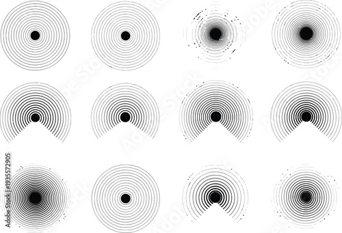 Concentric circle and semi-circle radial line patterns in black and white, creating a sense of motion or sound waves.