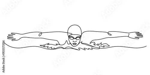 Single continuous line drawing of a professional swimmer doing butterfly stroke in water