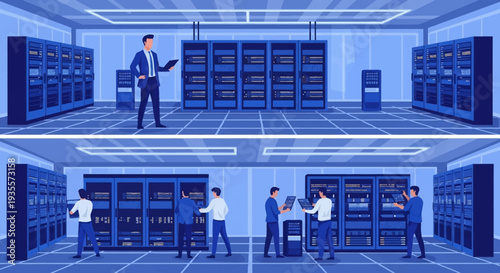 Illustration of a man presenting to IT specialists working on server racks in a data center with blue tones