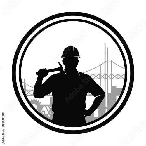 Construction worker silhouette with hammer and cityscape