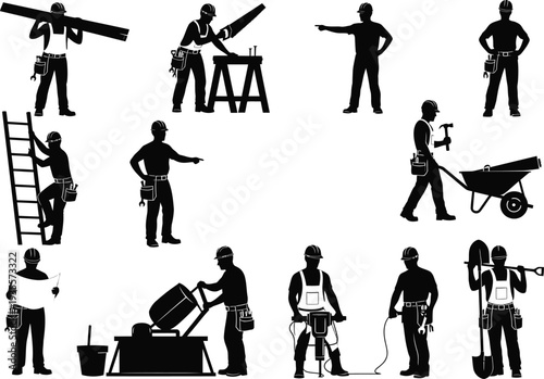 Set of black silhouette icons of construction workers performing various tasks: building, sawing, pointing, carrying, climbing, digging, operating machinery.