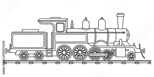 Black and white line drawing of a classic steam locomotive train engine on a track for coloring.