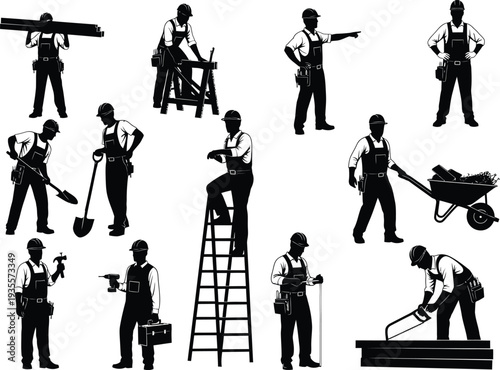 Collection of black silhouette icons representing construction workers engaged in various activities: carrying materials, using tools, and directing work.