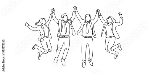 Group of business people jumping and holding hands in celebration of success
