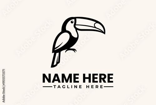 A simple black and white illustration of a toucan logo with a placeholder name and tagline on a clean background.