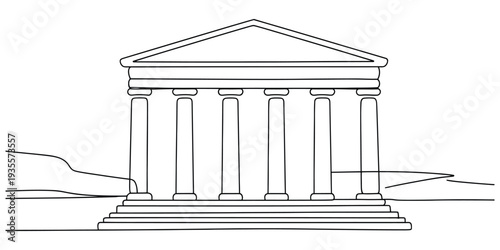 Minimalist line art illustration of an ancient greek temple with doric columns and a pediment