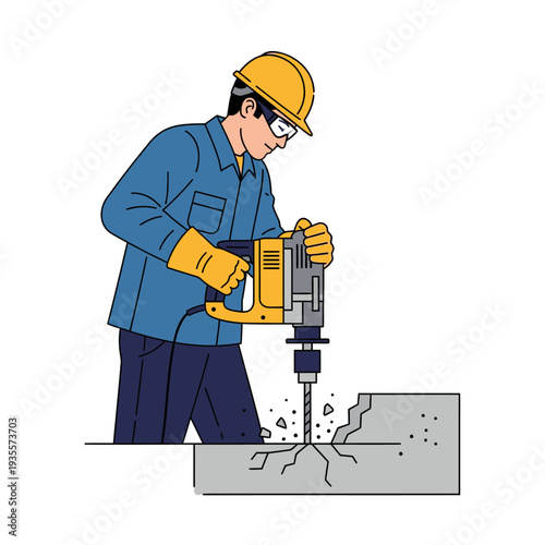 Construction worker using a jackhammer to break concrete on a construction site