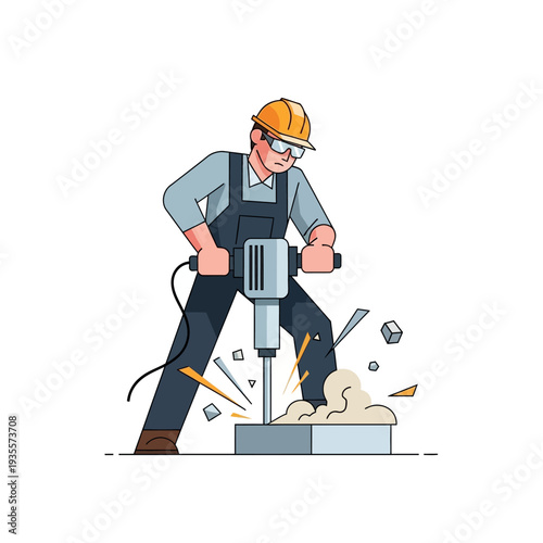 Construction worker using a jackhammer to break concrete pavement