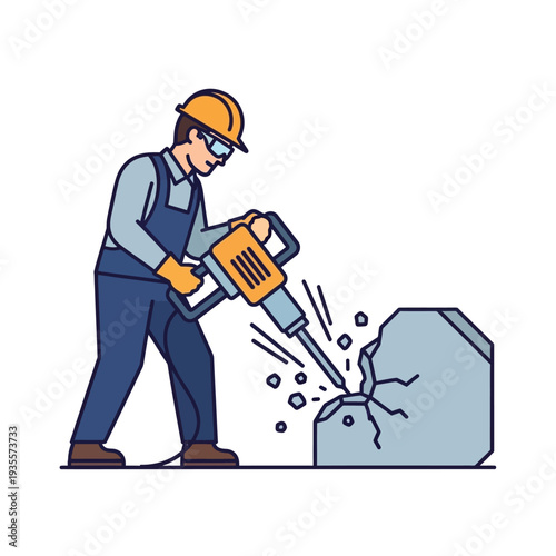 Construction worker using a jackhammer to break rock, industrial demolition, heavy machinery, safety gear