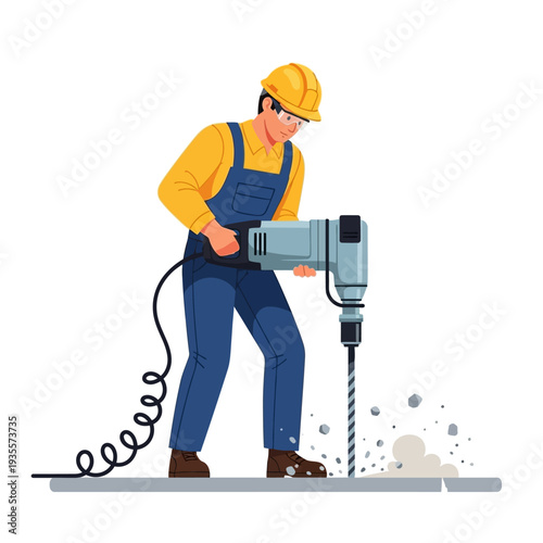 Construction worker using a jackhammer to break concrete pavement
