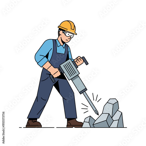 Construction worker using jackhammer to break concrete on site