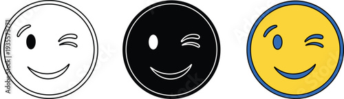Three winking smiley face emoticons in black, white, and colorful yellow designs, playful expression icons for communication, user interface, emoji, and graphic design concepts