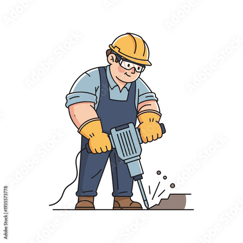 Construction worker with jackhammer breaking concrete pavement, safety gear