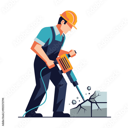 Construction worker with jackhammer breaking concrete, demolition and renovation concept