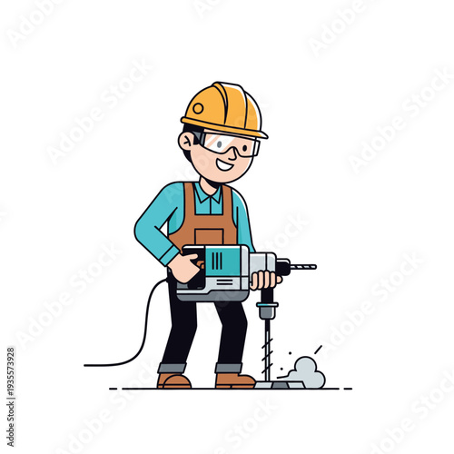 Construction worker drilling concrete with jackhammer, safety gear, dust flying