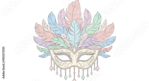 Colorful Feathered Venetian Carnival Mask Illustration.