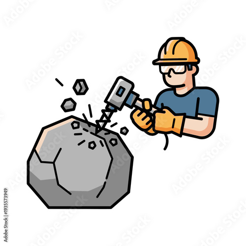 Construction worker drilling into a large rock with a jackhammer, creating dust and debris
