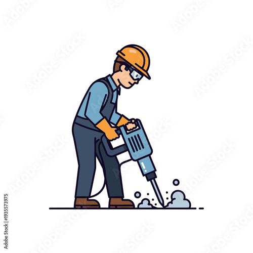 Construction worker operating a jackhammer for demolition and breaking concrete on a site