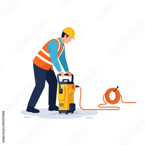 Construction worker operating a jackhammer on a cracked surface, with coiled cable nearby