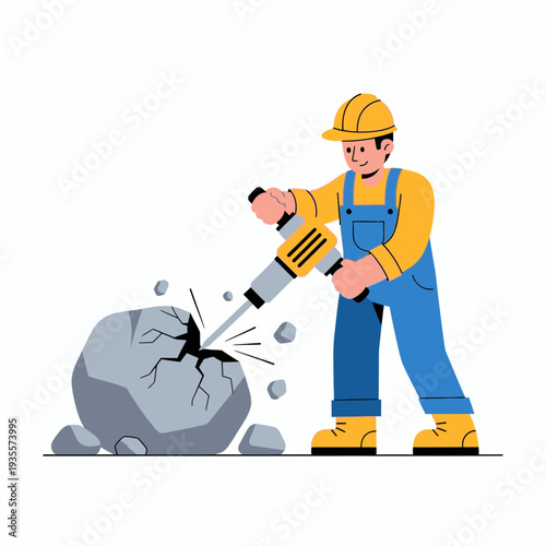 Construction worker operating a jackhammer to break a large rock on a white background