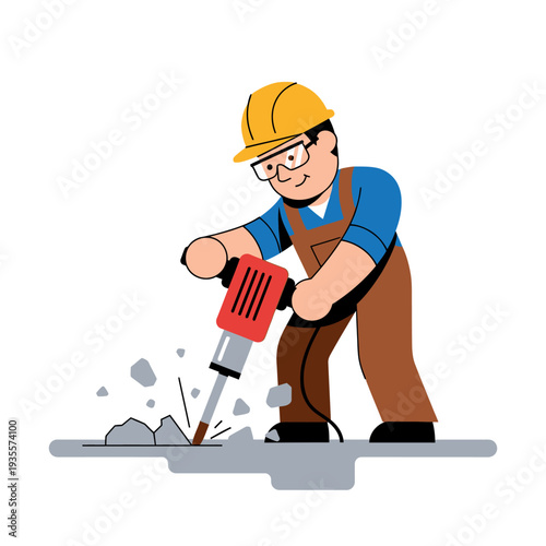 Construction worker operating a jackhammer to break concrete pavement, demolition work