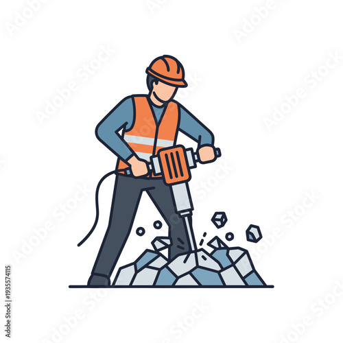 Construction worker operating a jackhammer to break concrete pavement, dust and debris flying