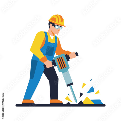 Construction worker operating a jackhammer to break concrete pavement