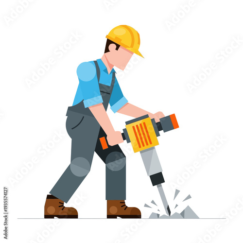 Construction worker operating a jackhammer to break concrete pavement