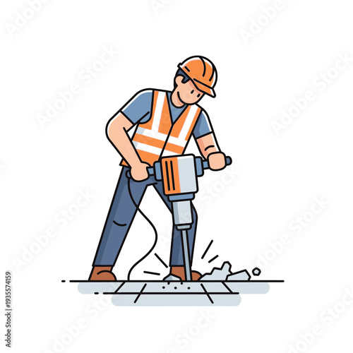 Construction worker operating a jackhammer to break concrete pavement