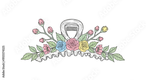 Hand drawn hair clip with flowers.