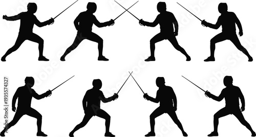 Fencing Athlete Silhouette Vector Set Professional Fencers in Action Poses for Sport Competition Design Combat Duel Swordsman Isolated Graphic Elements