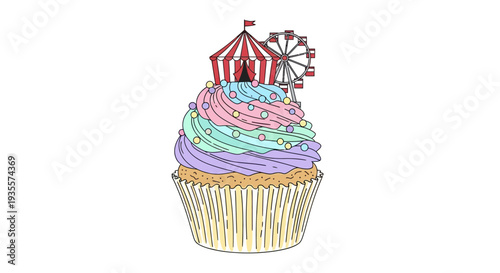 Colorful Cupcake with Carnival Toppers Illustration.
