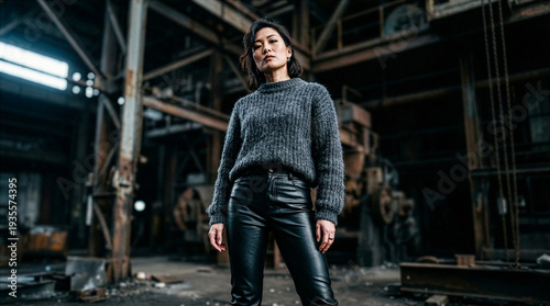 Confident Asian Woman in Leather Pants in Gritty Industrial Warehouse