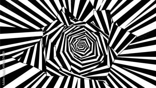 Concentric geometric shapes creating an optical illusion in a black and white abstract design viewed from directly above