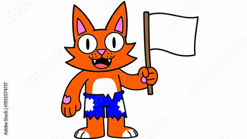 A cartoon character holding a flag in a playful scene