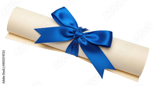 Obraz na płótnie Isolated diploma scroll with a shiny blue ribbon, certificate of honor and gradu