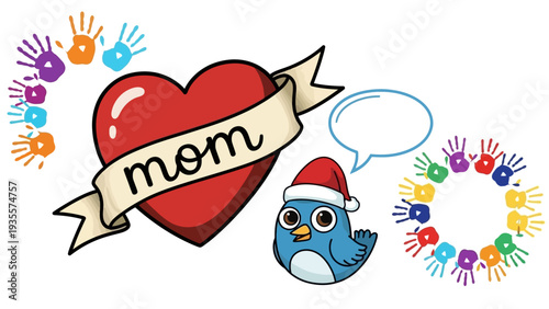 Heartfelt illustration of a blue bird wearing a Santa hat near a red heart with mom written on a ribbon surrounded by colorful handprints