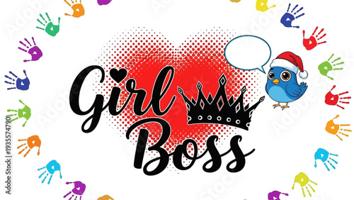 Young entrepreneur girl with crown and bird mascot surrounded by colorful handprints