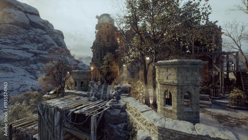Weathered stone walkway with scaffolding and timber planks, conservationist inspection imagined with tools, chisel marks, dust motes, safety harness and precise