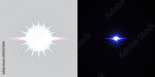 Colorful Star Light Effect Collection with Blue, Golden, and Yellow Glowing Starlight Sparkle Rays and Lens Flare Illumination on Transparent Background